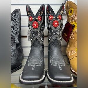 Black Cowboy Boots with Red Floral Embroidery